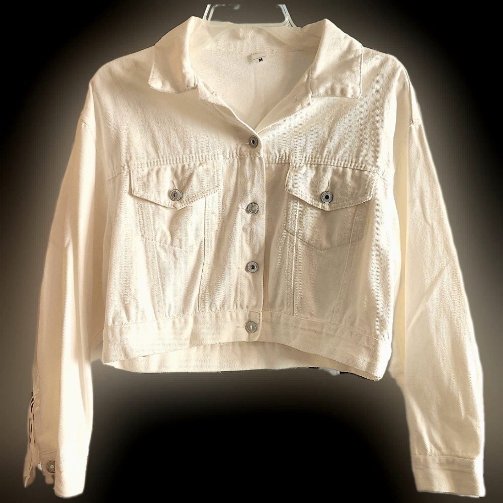 Fringe Cropped White Denim Jacket - Picture 1 of 7